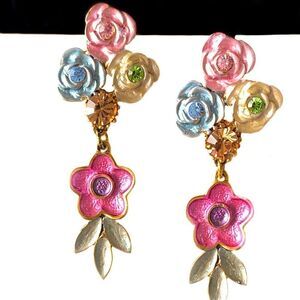 Vintage Banana Bob pastel enamel floral crystal pierced earrings